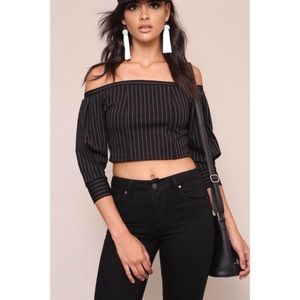 Black White Striped Off Shoulder Crop Top